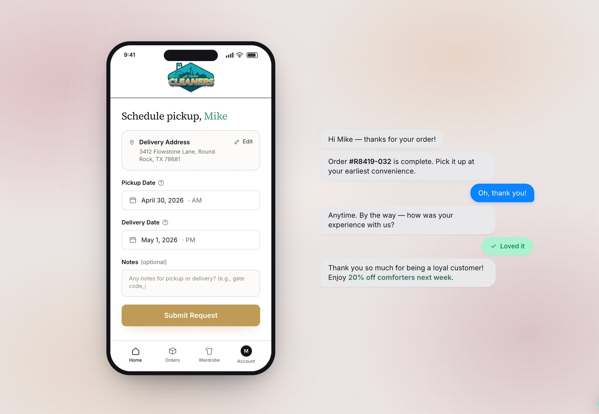 Magnoli.ai mobile pickup request and customer messaging flow