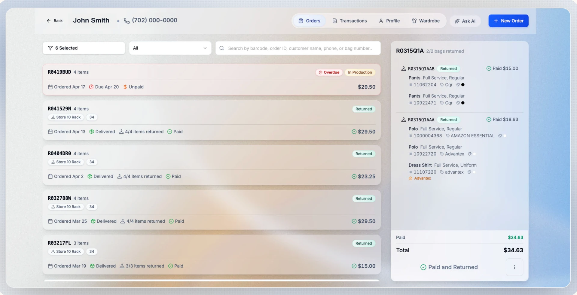 Magnoli.ai customer orders and returned items view