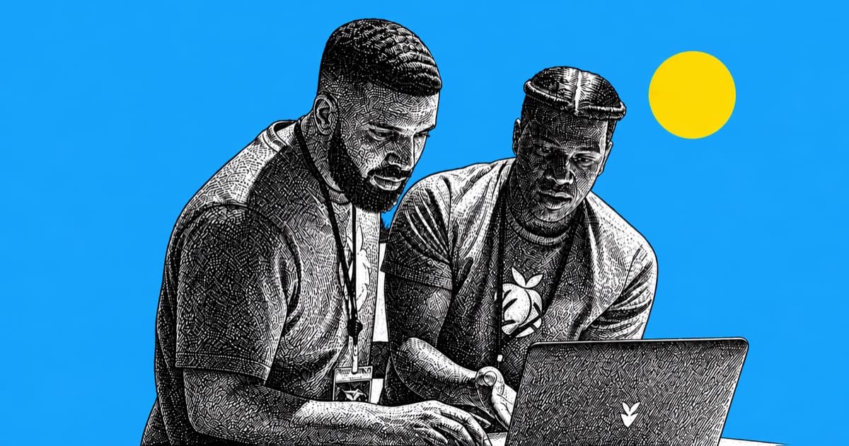 Two engraved figures studying a laptop against a bright blue background with a yellow sun