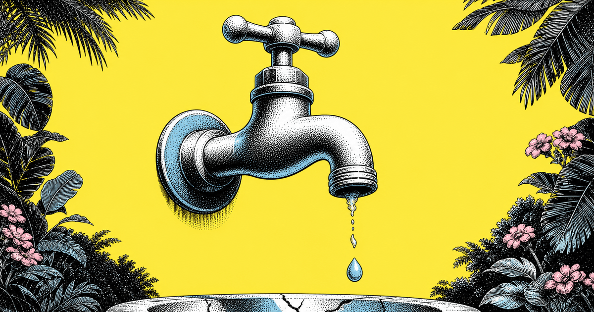 An engraved faucet running dry against a bright yellow background